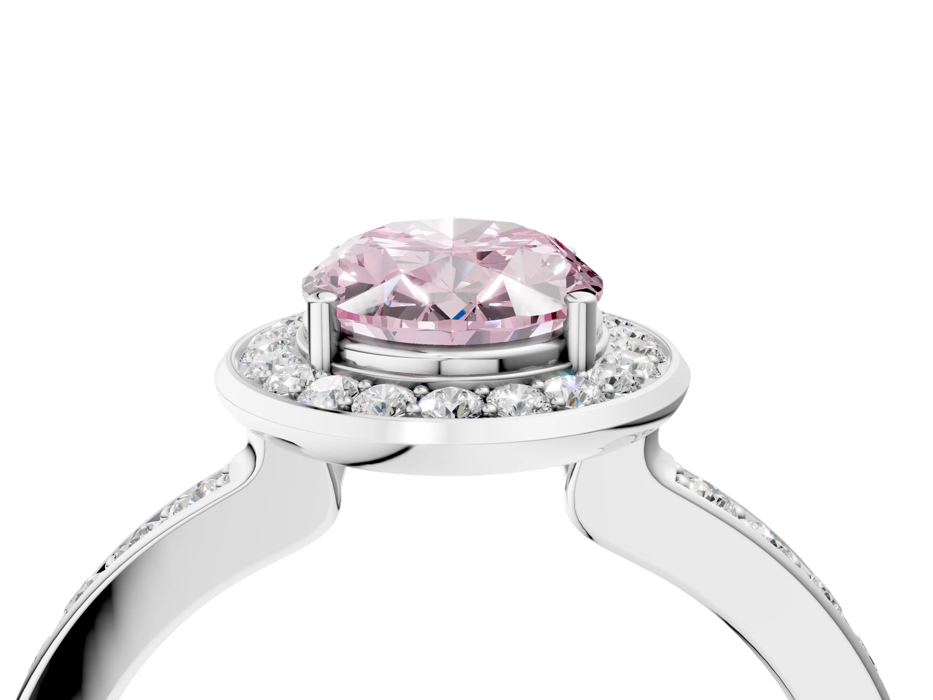 White gold Fancy Pink Oval Cut Diamond Halo Ring with Bezel Frame and Pavé Band_4