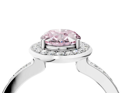 White gold Fancy Pink Oval Cut Diamond Halo Ring with Bezel Frame and Pavé Band_4