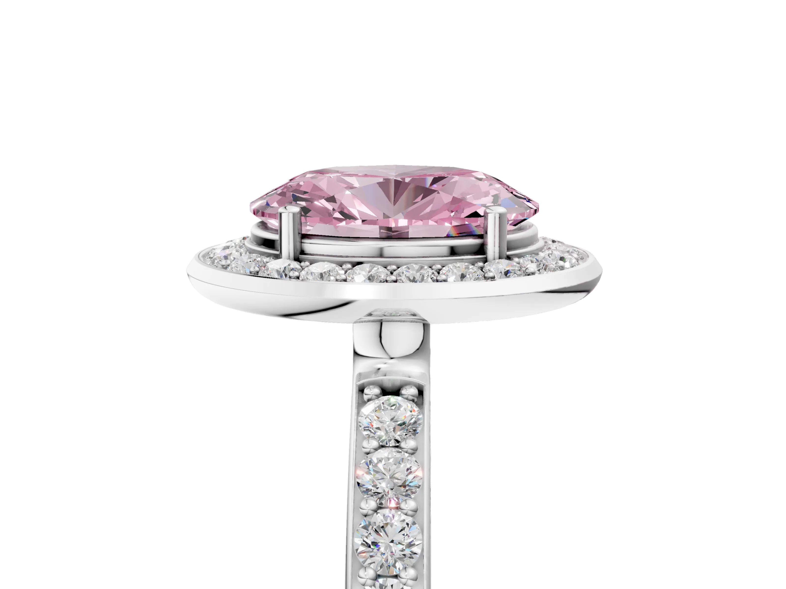 White gold Fancy Pink Oval Cut Diamond Halo Ring with Bezel Frame and Pavé Band_5