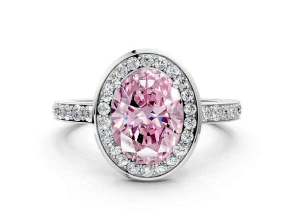White gold Fancy Pink Oval Cut Diamond Halo Ring with Bezel Frame and Pavé Band
