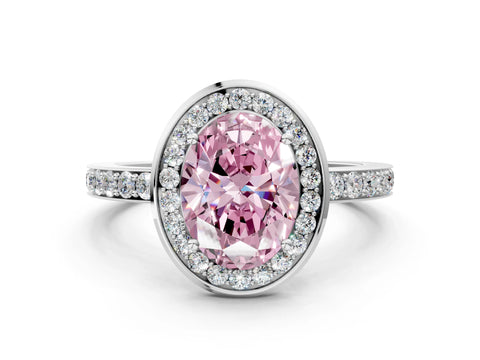 White gold Fancy Pink Oval Cut Diamond Halo Ring with Bezel Frame and Pavé Band