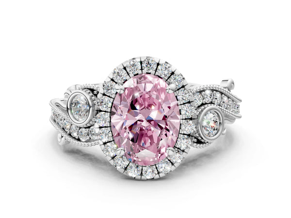 White gold Fancy Pink Oval Cut Diamond Halo Ring with Milgrain Pavé Band and Four-Prong Setting