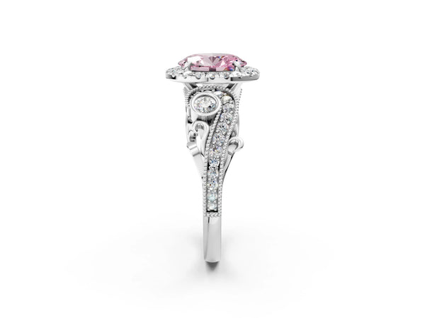 White gold Fancy Pink Oval Cut Diamond Halo Ring with Milgrain Pavé Band and Four-Prong Setting