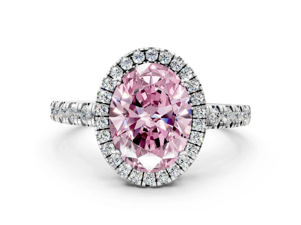 White gold Fancy Pink Oval Cut Diamond Halo Ring with Pavé Band and Four-Prong Setting