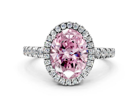 White gold Fancy Pink Oval Cut Diamond Halo Ring with Pavé Band and Four-Prong Setting