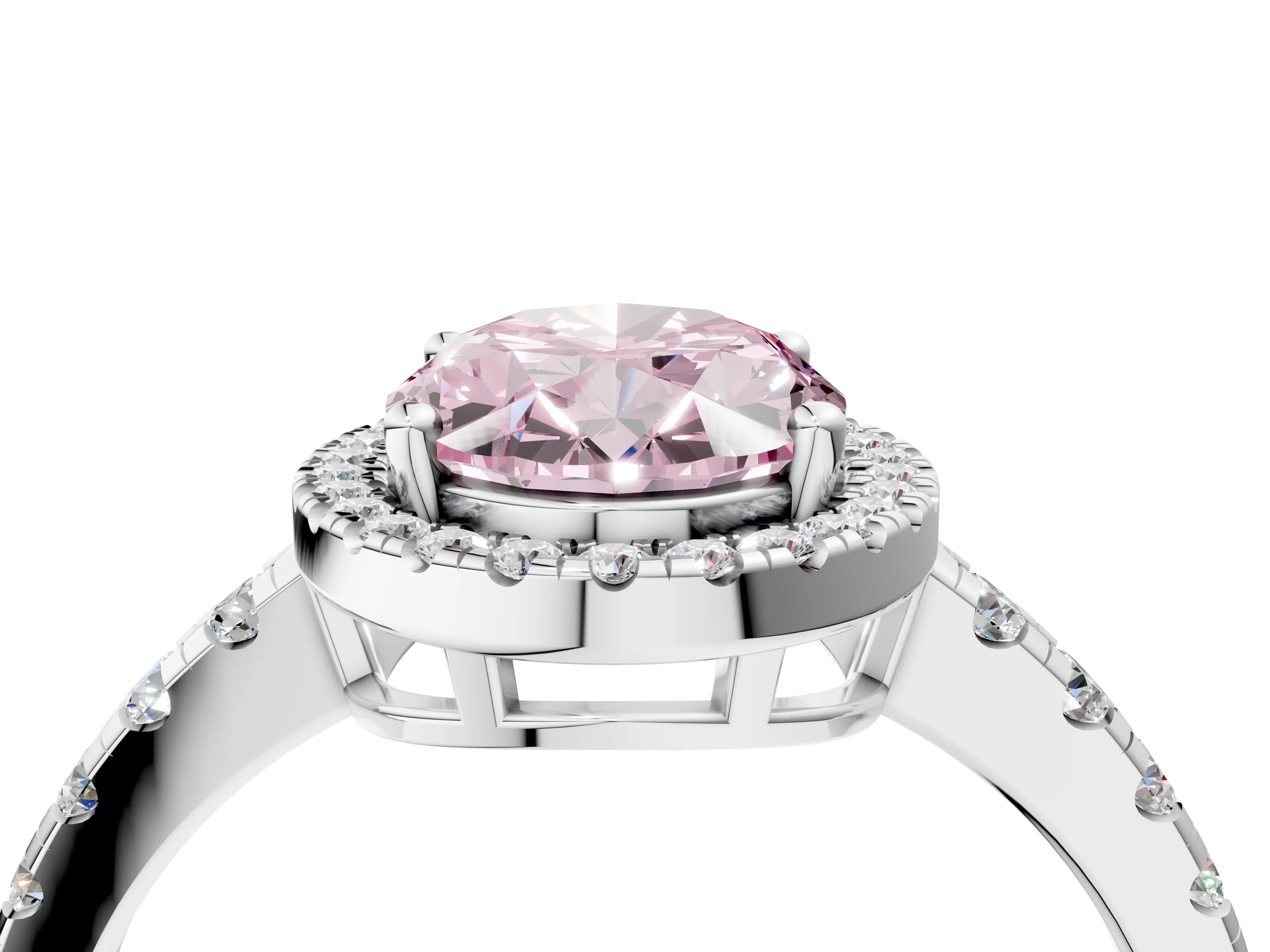 White gold Fancy Pink Oval Cut Diamond Halo Ring with Pavé Band and Four-Prong Setting_4