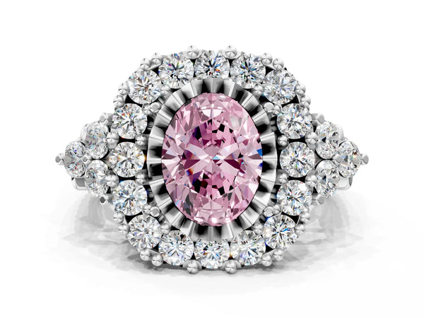 White gold Fancy Pink Oval Cut Diamond Halo Ring with Pavé Band and Four-Prong Setting