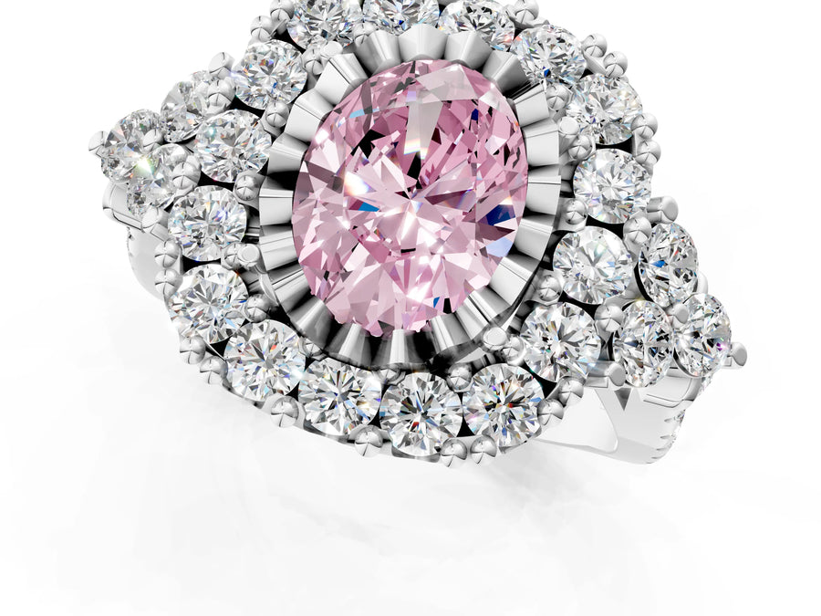 White gold Fancy Pink Oval Cut Diamond Halo Ring with Pavé Band and Four-Prong Setting