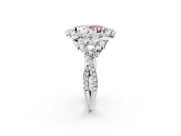 White gold Fancy Pink Oval Cut Diamond Halo Ring with Pavé Band and Four-Prong Setting