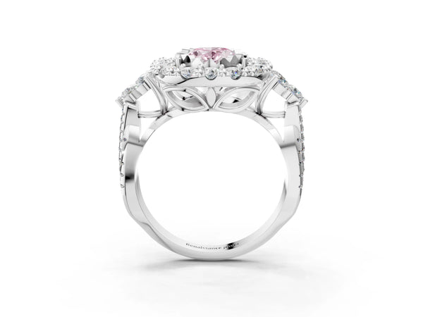 White gold Fancy Pink Oval Cut Diamond Halo Ring with Pavé Band and Four-Prong Setting