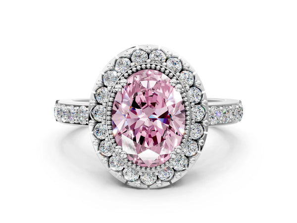 Platinum Fancy Pink Oval Cut Diamond Halo Ring with Pavé Band and Prong Setting