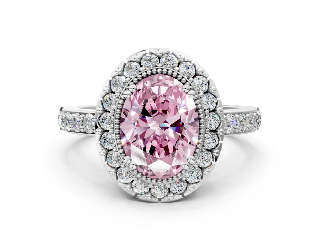White gold Fancy Pink Oval Cut Diamond Halo Ring with Pavé Band and Prong Setting_12