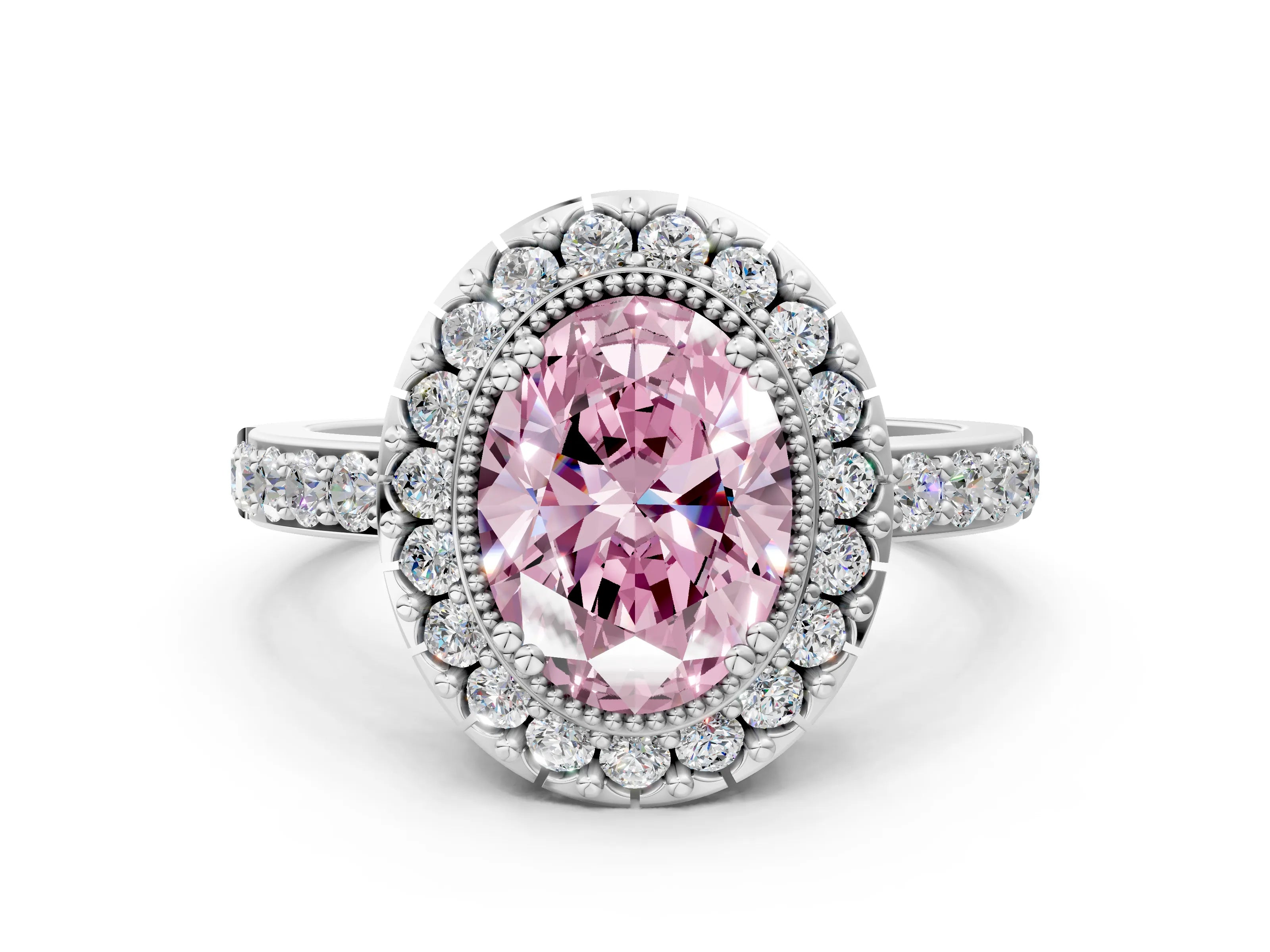 White gold Fancy Pink Oval Cut Diamond Halo Ring with Pavé Band and Prong Setting_12