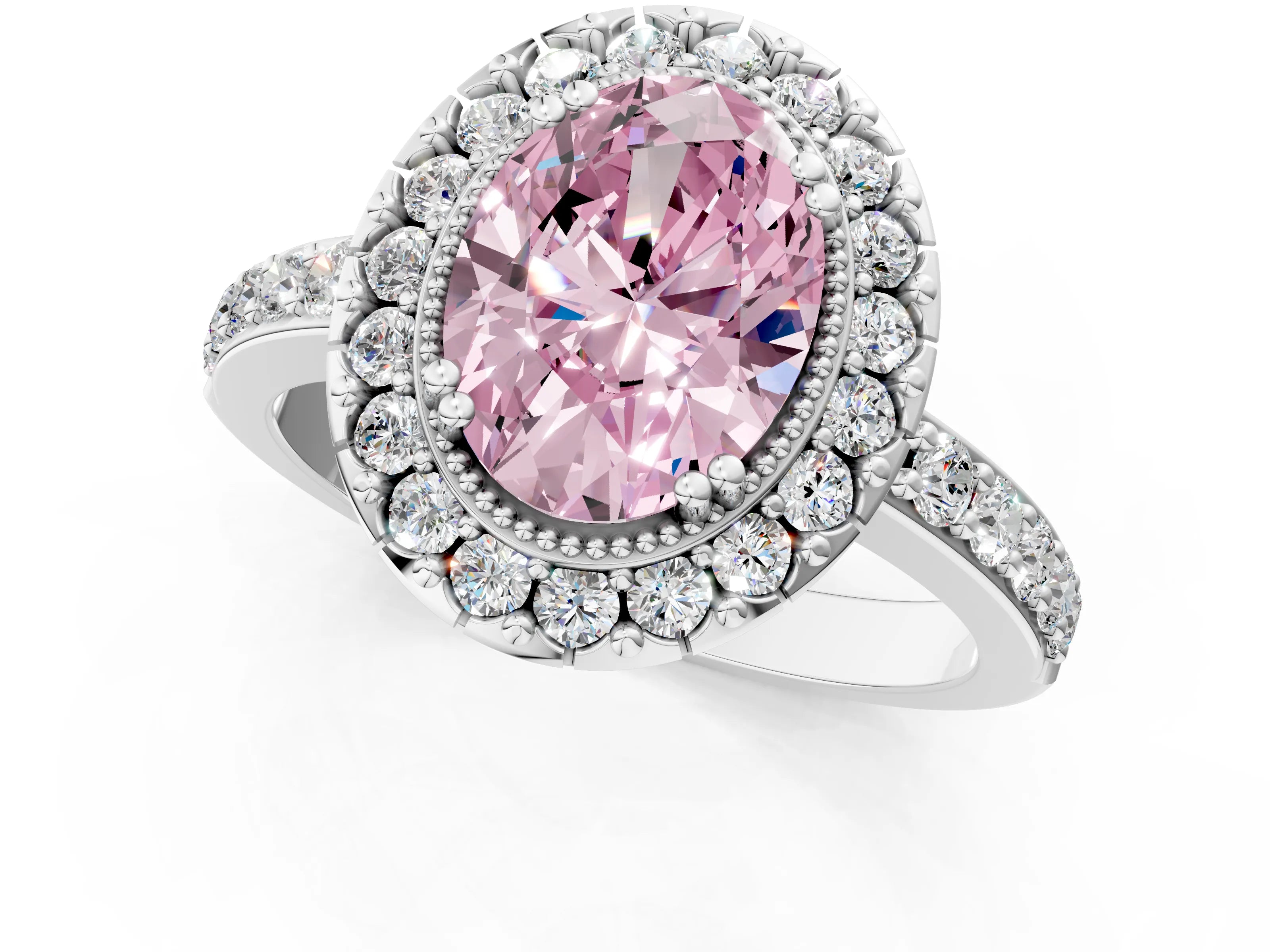 White gold Fancy Pink Oval Cut Diamond Halo Ring with Pavé Band and Prong Setting_13
