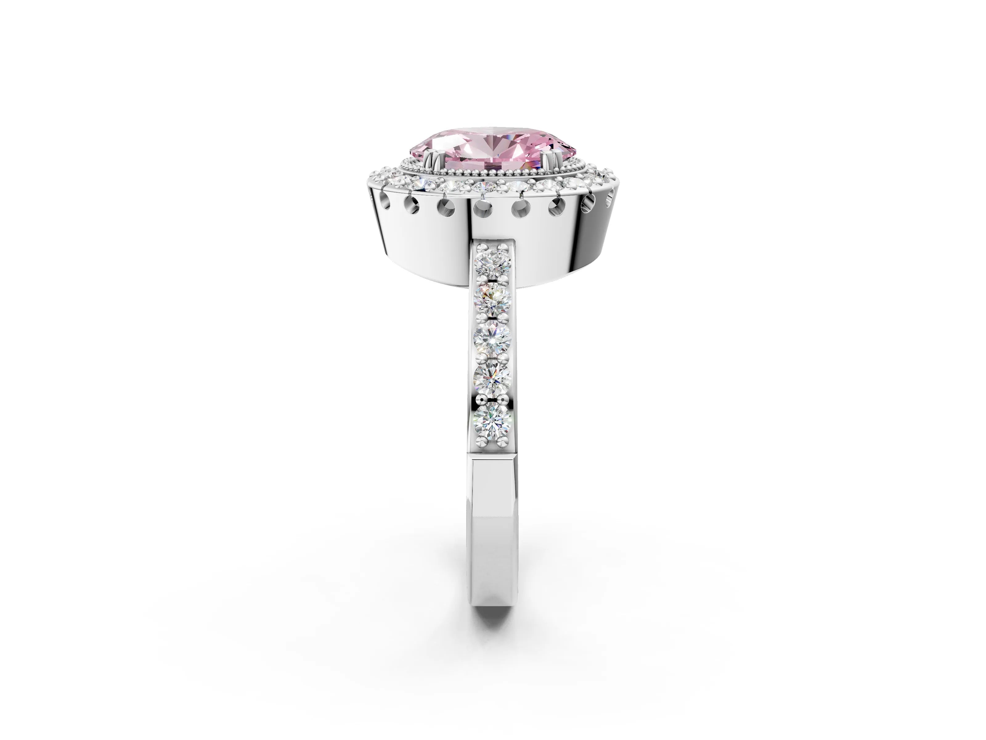 White gold Fancy Pink Oval Cut Diamond Halo Ring with Pavé Band and Prong Setting_14