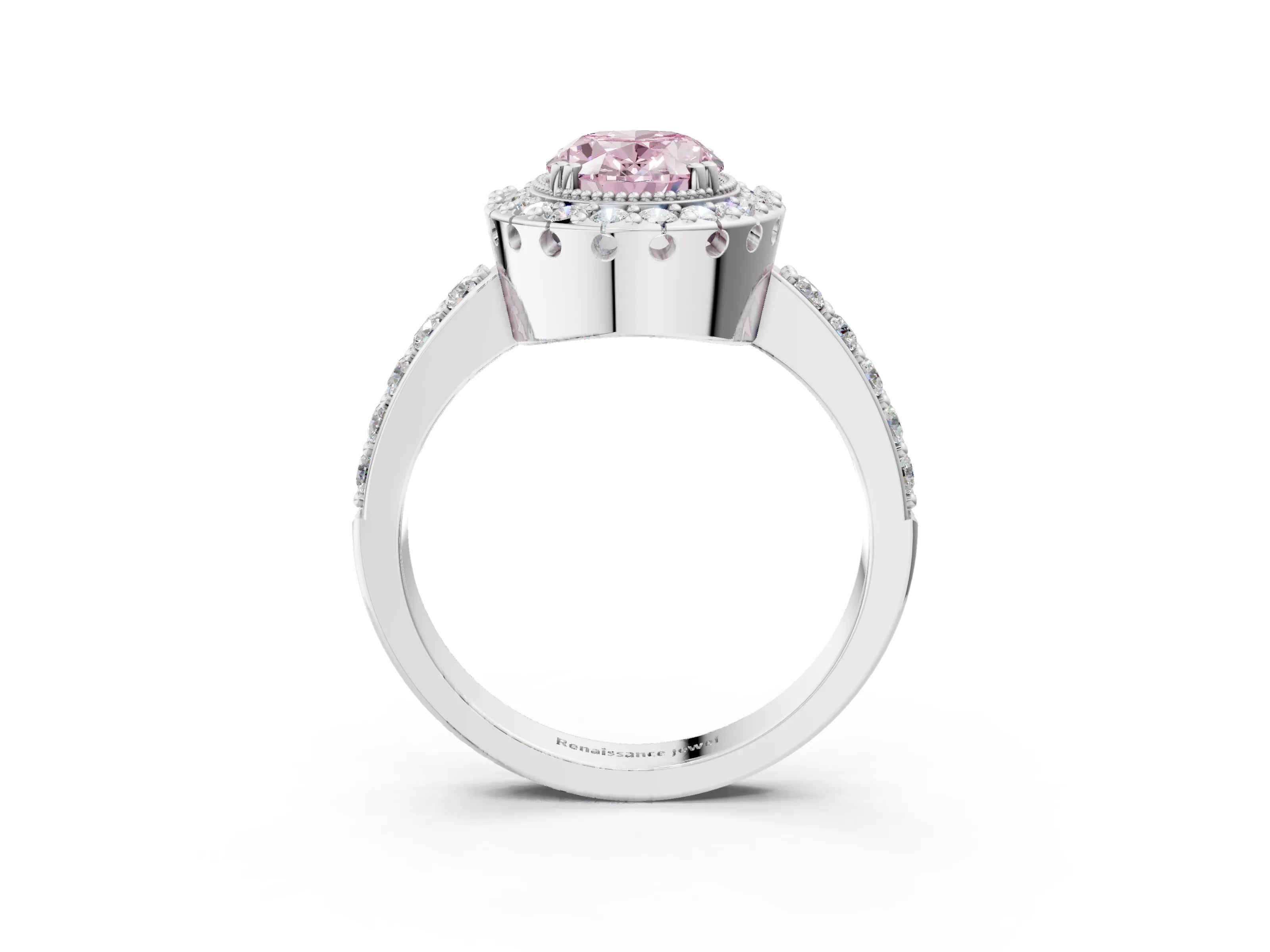 White gold Fancy Pink Oval Cut Diamond Halo Ring with Pavé Band and Prong Setting_15