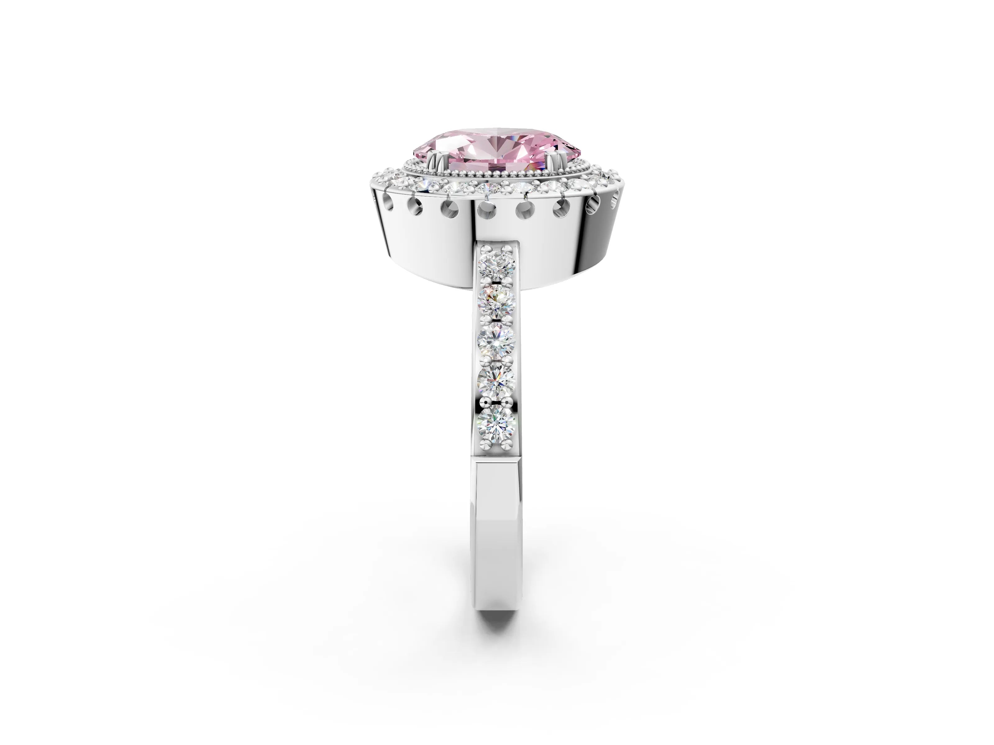 White gold Fancy Pink Oval Cut Diamond Halo Ring with Pavé Band and Prong Setting_2