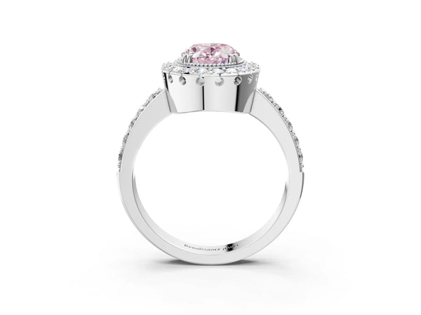 Platinum Fancy Pink Oval Cut Diamond Halo Ring with Pavé Band and Prong Setting