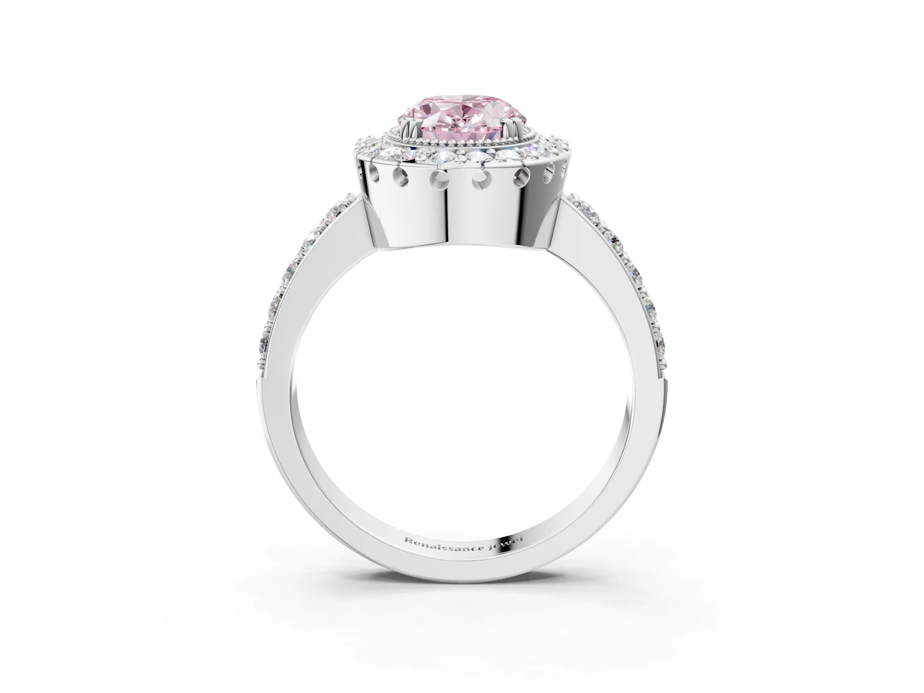 White gold Fancy Pink Oval Cut Diamond Halo Ring with Pavé Band and Prong Setting_3