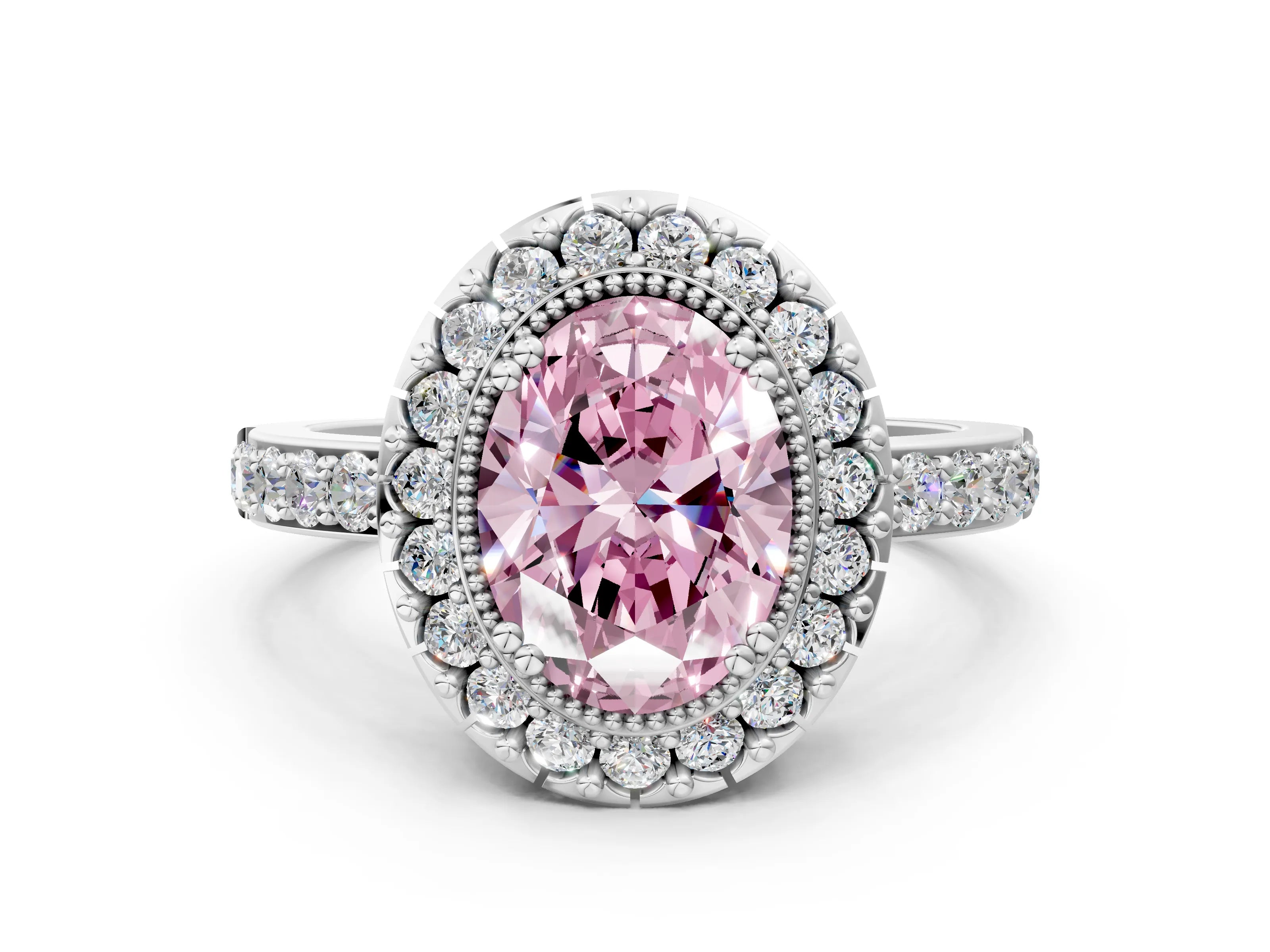 White gold Fancy Pink Oval Cut Diamond Halo Ring with Pavé Band and Prong Setting