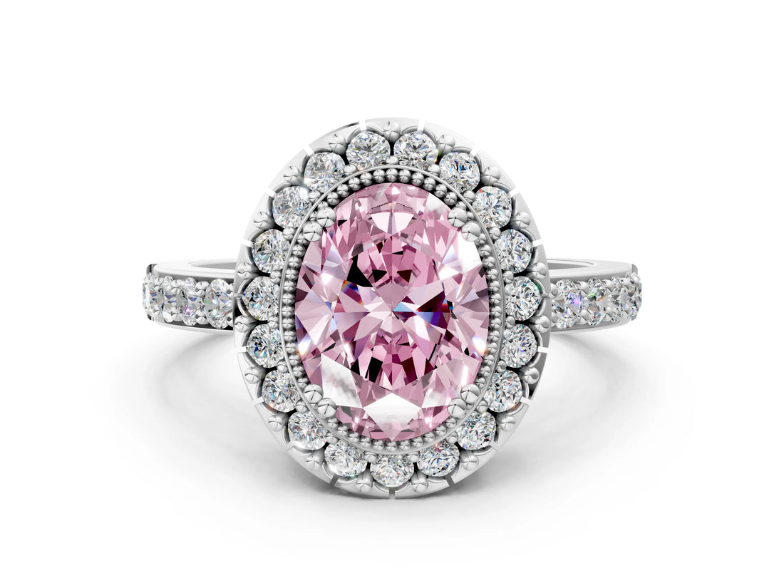 White gold Fancy Pink Oval Cut Diamond Halo Ring with Pavé Band and Prong Setting