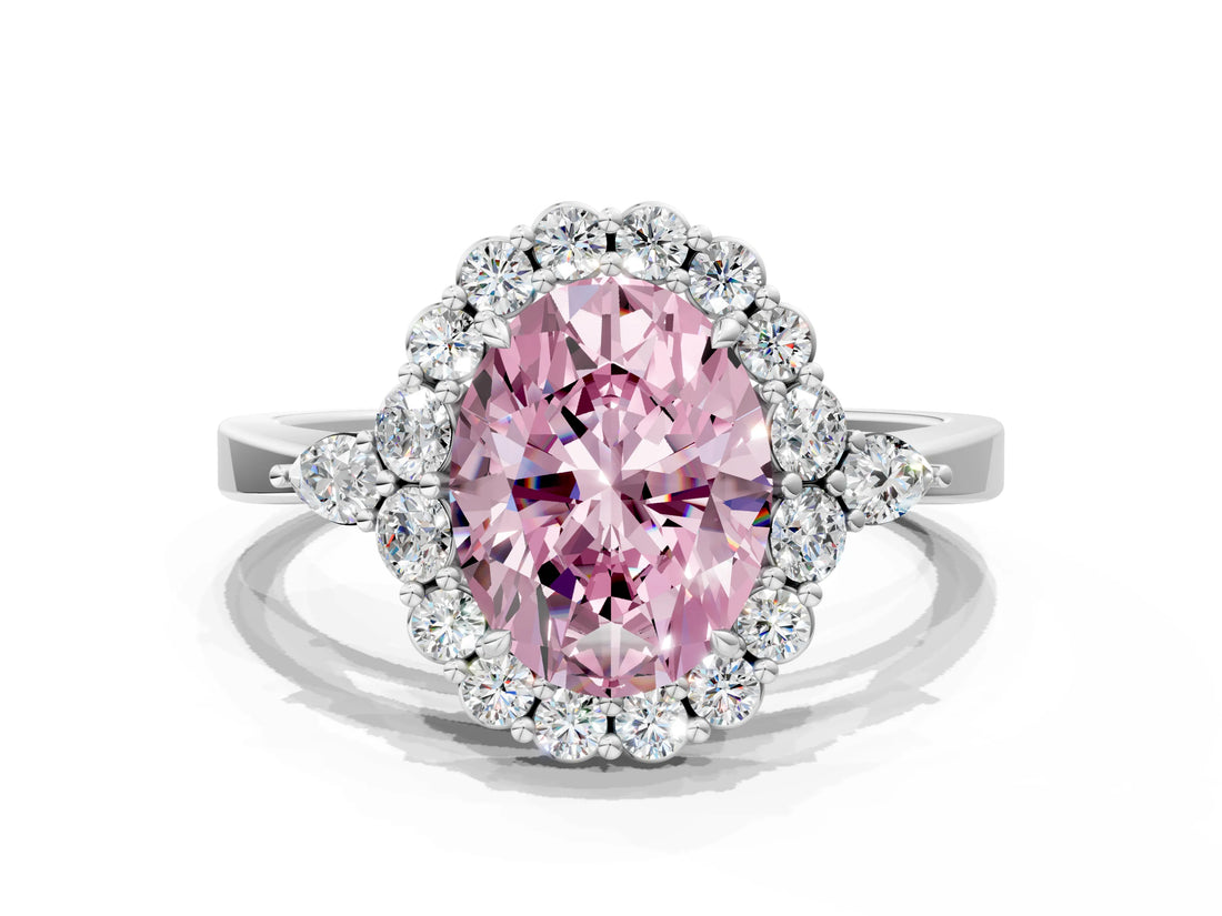White gold Fancy Pink Oval Cut Diamond Halo Ring with Pear Side Stones and Prong Setting_91
