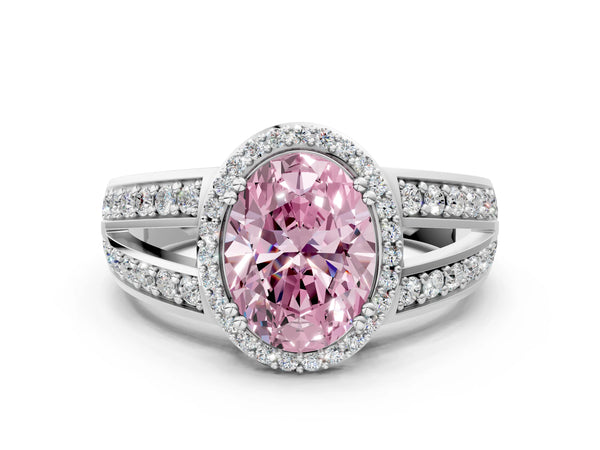 Platinum Fancy Pink Oval Cut Diamond Halo Ring with Split Shank Pavé Band and Four-Prong Setting