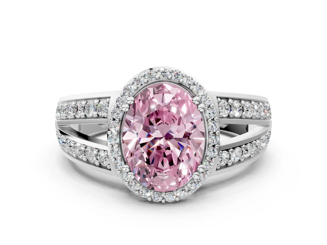White gold Fancy Pink Oval Cut Diamond Halo Ring with Split Shank Pavé Band and Four-Prong Setting_12