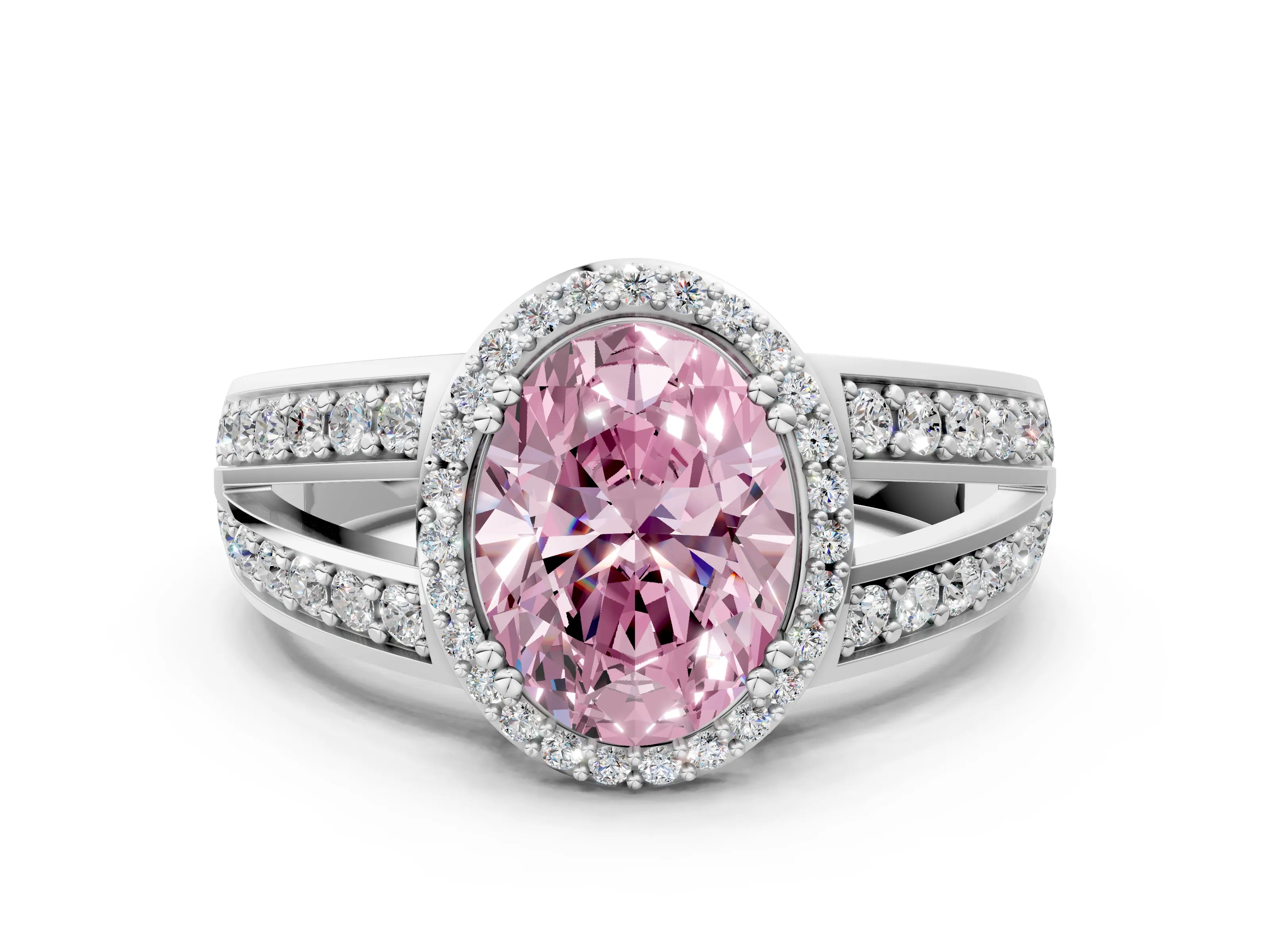 White gold Fancy Pink Oval Cut Diamond Halo Ring with Split Shank Pavé Band and Four-Prong Setting_12