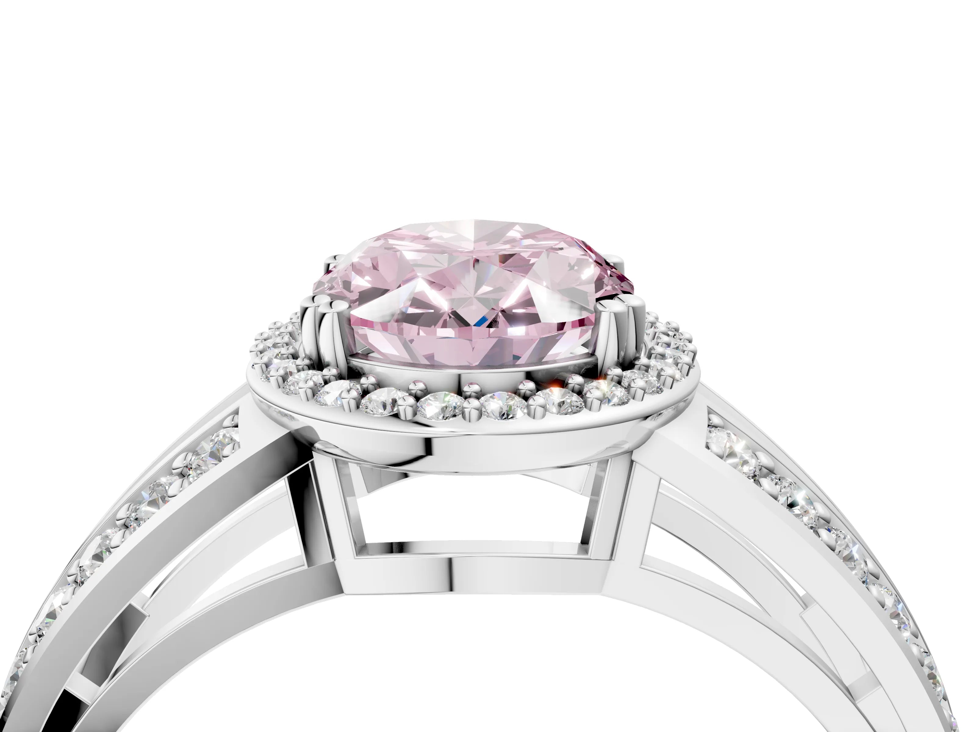 White gold Fancy Pink Oval Cut Diamond Halo Ring with Split Shank Pavé Band and Four-Prong Setting_16