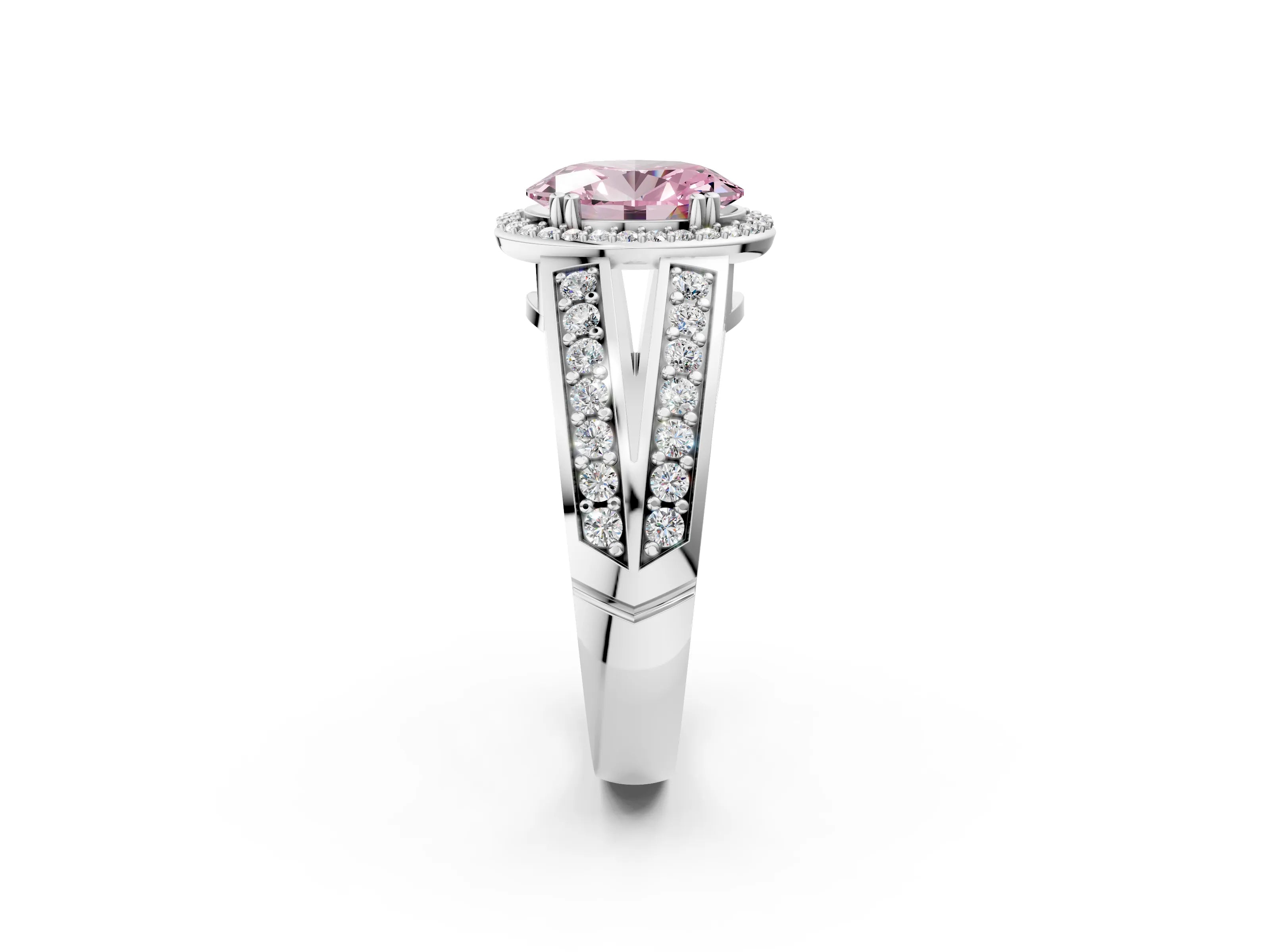 White gold Fancy Pink Oval Cut Diamond Halo Ring with Split Shank Pavé Band and Four-Prong Setting_2