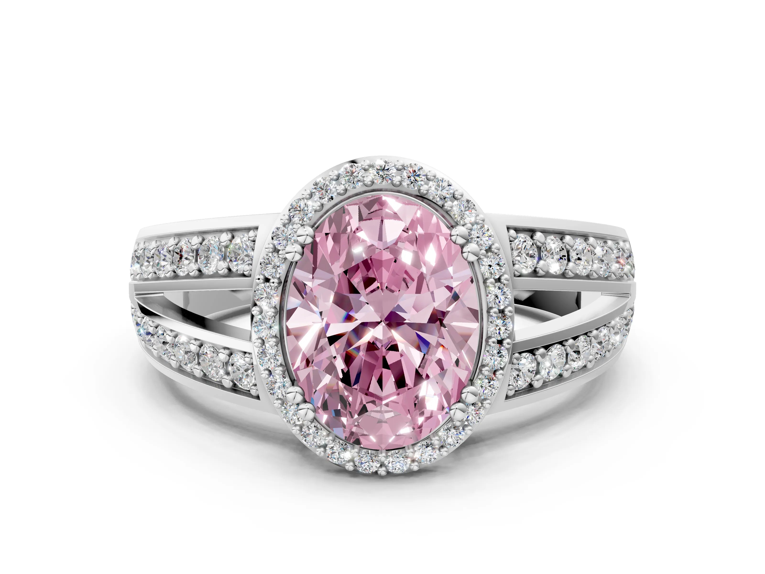 White gold Fancy Pink Oval Cut Diamond Halo Ring with Split Shank Pavé Band and Four-Prong Setting