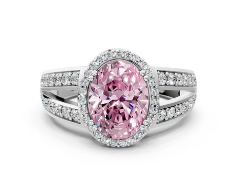 White gold Fancy Pink Oval Cut Diamond Halo Ring with Split Shank Pavé Band and Four-Prong Setting