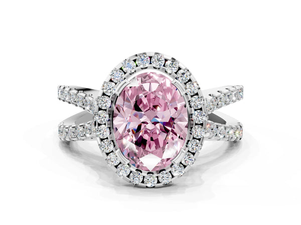 Platinum Fancy Pink Oval Cut Diamond Halo Ring with Split Shank Pavé Band and Prong Setting