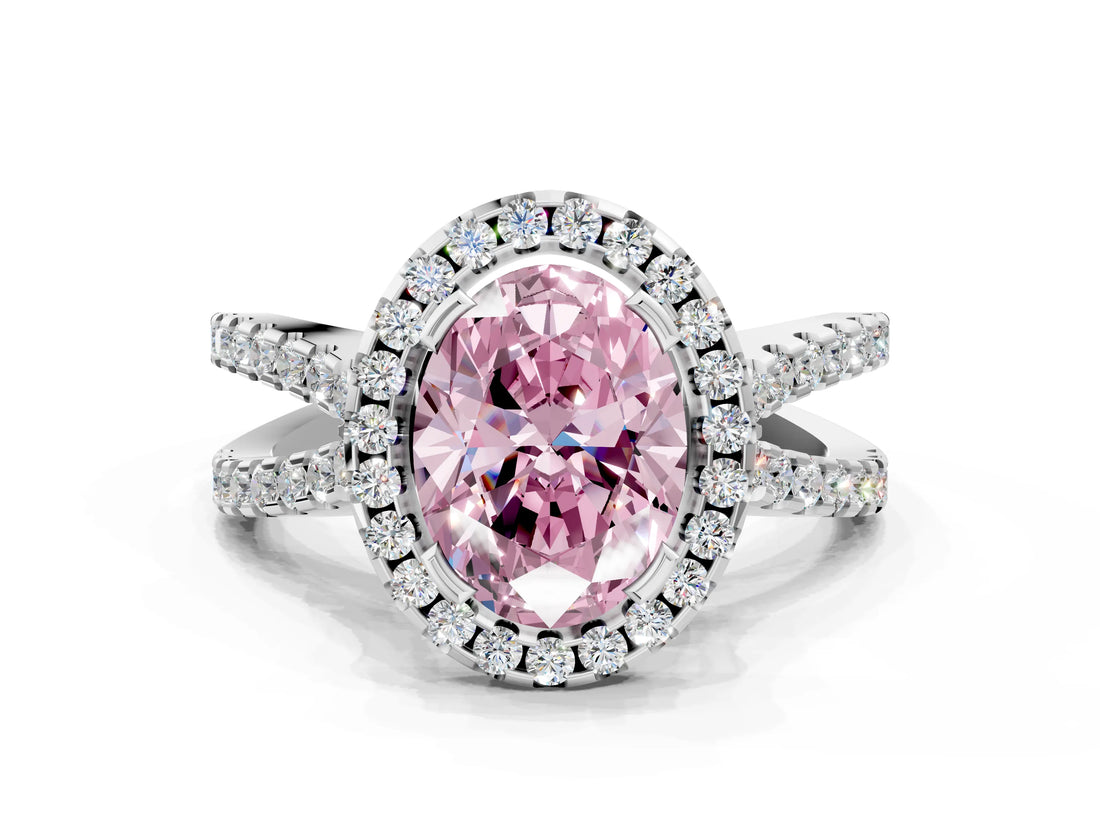 White gold Fancy Pink Oval Cut Diamond Halo Ring with Split Shank Pavé Band and Prong Setting_79