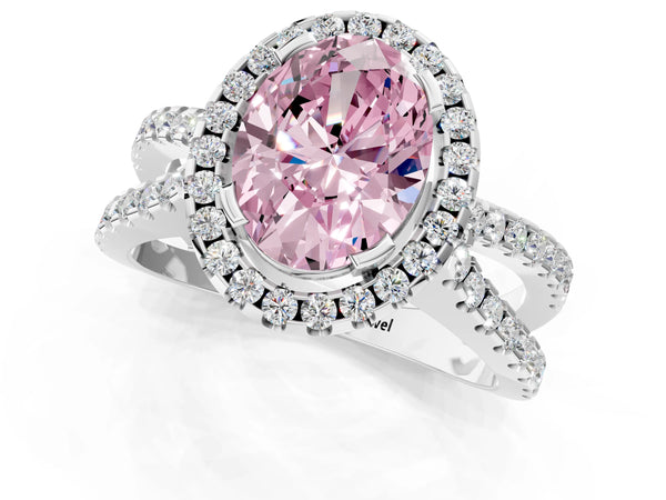 Platinum Fancy Pink Oval Cut Diamond Halo Ring with Split Shank Pavé Band and Prong Setting