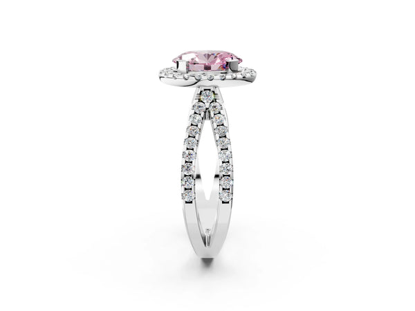 Platinum Fancy Pink Oval Cut Diamond Halo Ring with Split Shank Pavé Band and Prong Setting