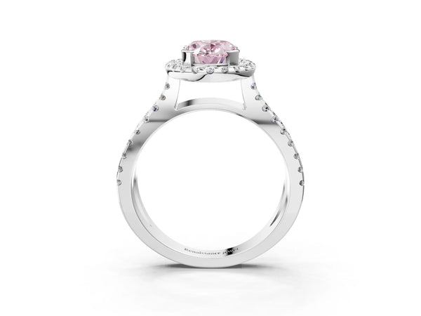 Platinum Fancy Pink Oval Cut Diamond Halo Ring with Split Shank Pavé Band and Prong Setting