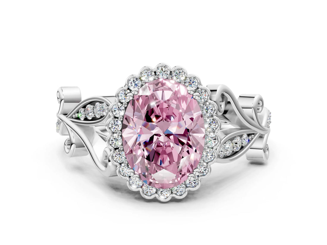 White gold Fancy Pink Oval Cut Diamond Halo Ring with Vintage Split Shank and Four-Prong Setting_95