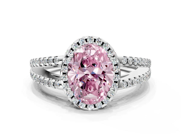 Platinum Fancy Pink Oval Cut Diamond Halo Split Shank Engagement Ring