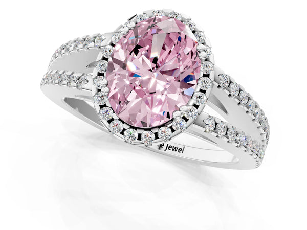 Platinum Fancy Pink Oval Cut Diamond Halo Split Shank Engagement Ring