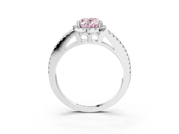 Platinum Fancy Pink Oval Cut Diamond Halo Split Shank Engagement Ring
