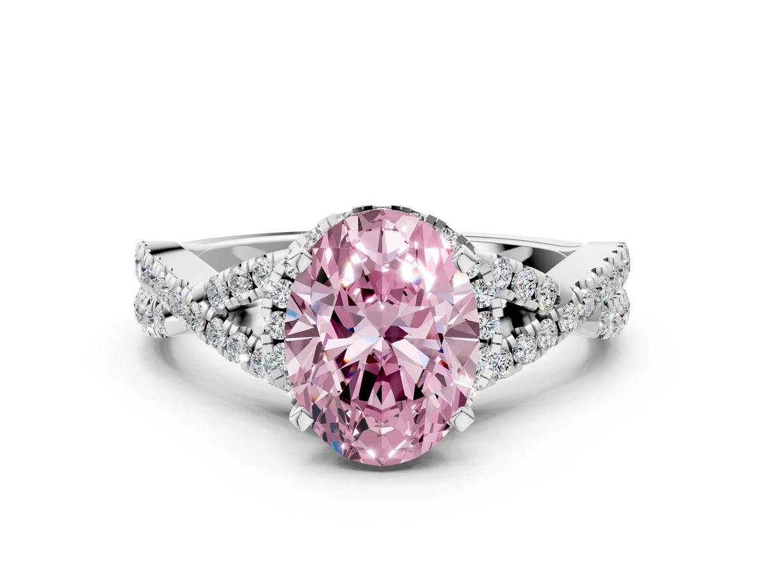 White gold Fancy Pink Oval Cut Diamond  Halo Twist Band Solitaire Prong Setting Ring_58