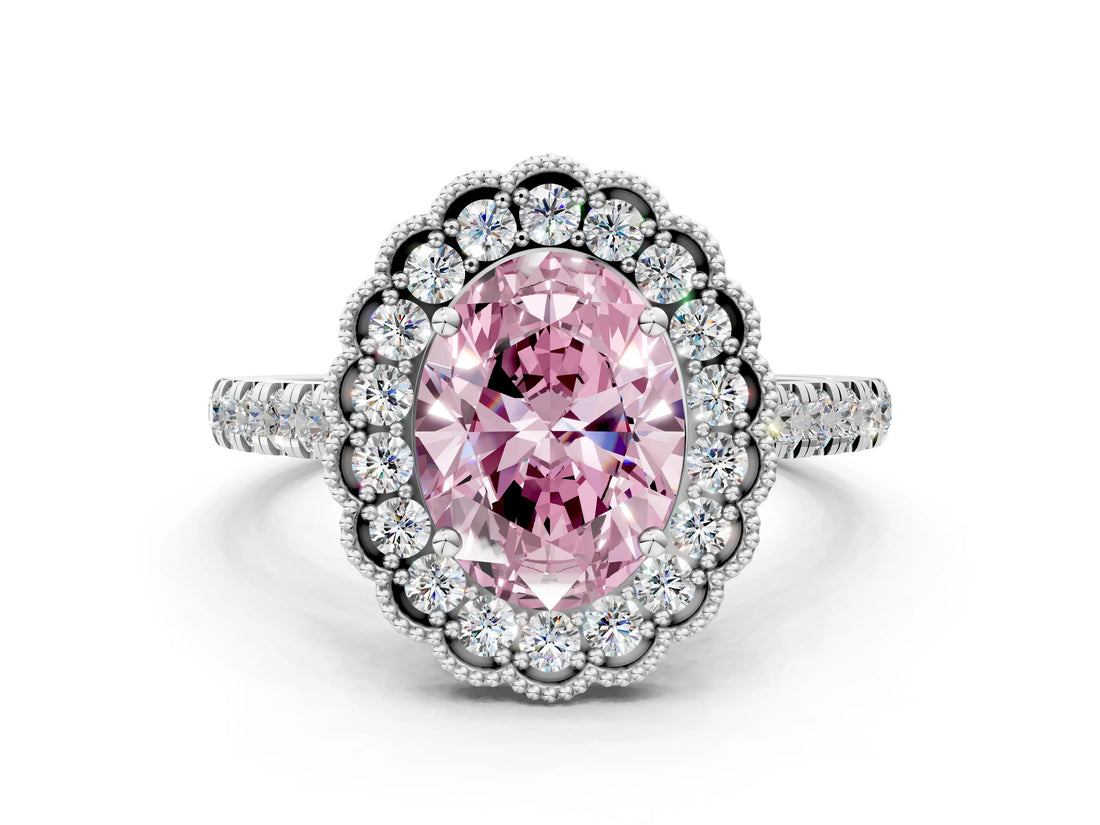 White gold Fancy Pink Oval  Cut Diamond Milgrain Floral Halo Engagement Ring with Pavé Band_15