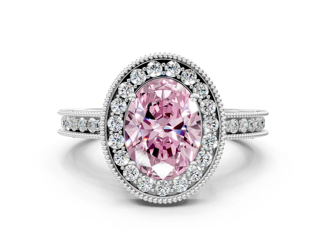 White gold Fancy Pink Oval Cut Diamond Milgrain Halo Engagement Ring with Round Pavé Band and Prong Setting_12
