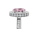 White gold Fancy Pink Oval Cut Diamond Milgrain Halo Engagement Ring with Round Pavé Band and Prong Setting_17