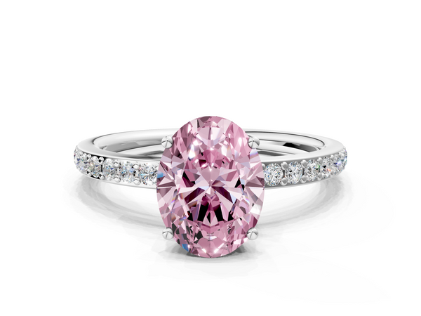 White gold Fancy Pink Oval  Cut Diamond Pavé Band Ring with Four-Prong Setting