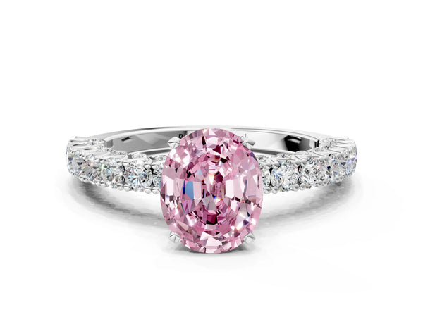 Platinum Fancy Pink Oval Cut Diamond Pavé Band Solitaire Ring with Prong Setting