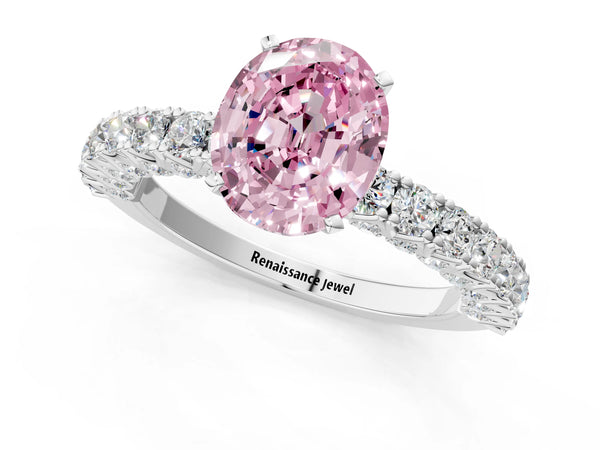 Platinum Fancy Pink Oval Cut Diamond Pavé Band Solitaire Ring with Prong Setting