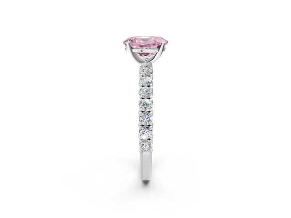 Platinum Fancy Pink Oval Cut Diamond Pavé Band Solitaire Ring with Prong Setting
